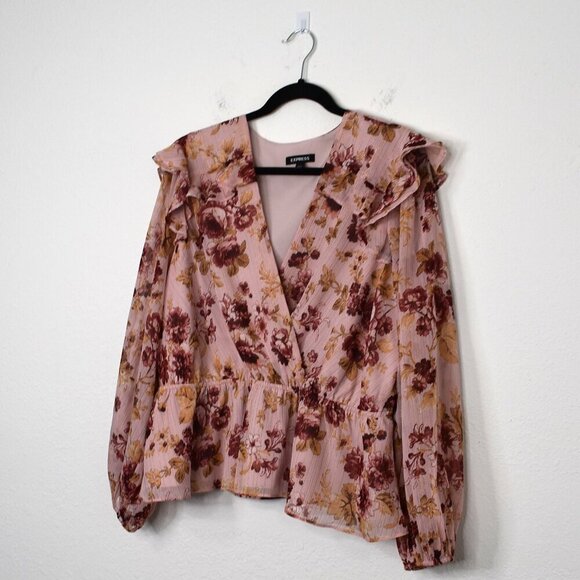 Express Floral Faux Wrap Blouse Sz XL Balloon Sleeve Whimsigoth Cottagecore - Picture 3 of 16